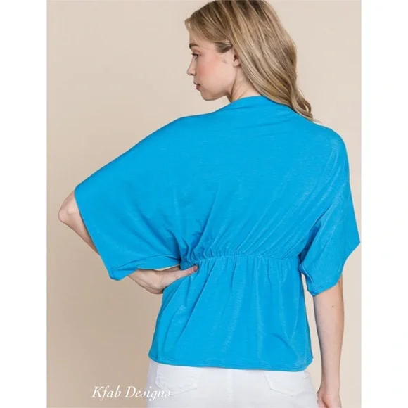 ❤️LAST! V Neck Wrap Front Cinched Elasticized Waist Ocean Blue Multi Use Top - Picture 5 of 6